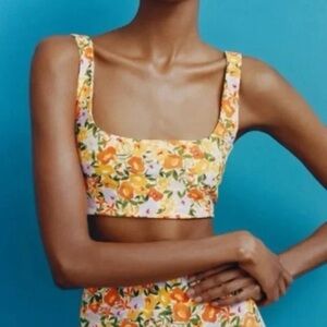 Zara Sports Bra Floral Workout Crop Top Sleeveless Size Medium Orange Yellow